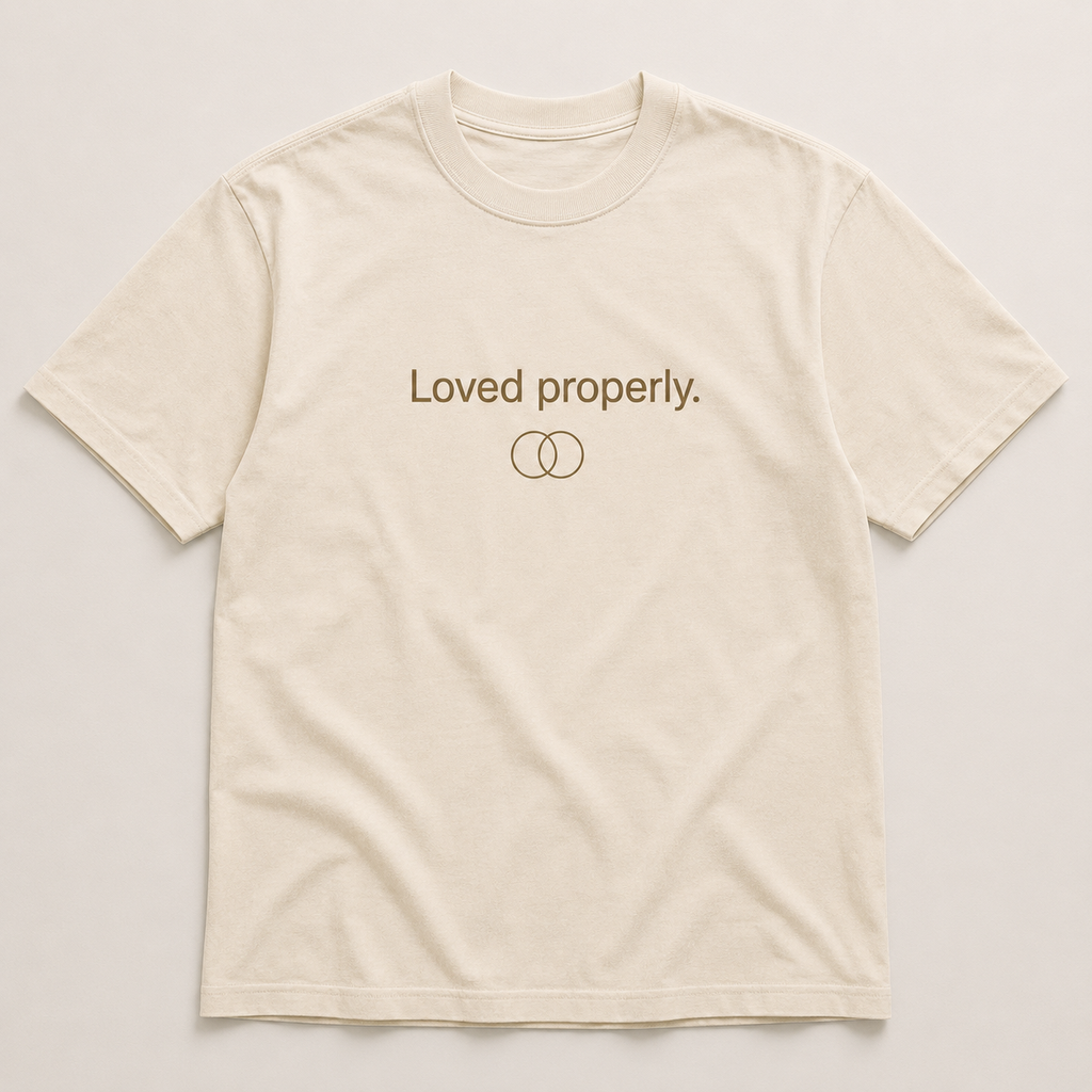 An off-white short-sleeve crewneck t-shirt with 'Loved properly.' and two interlocking ring symbols printed in brown on the chest, displayed flat against a light beige background.