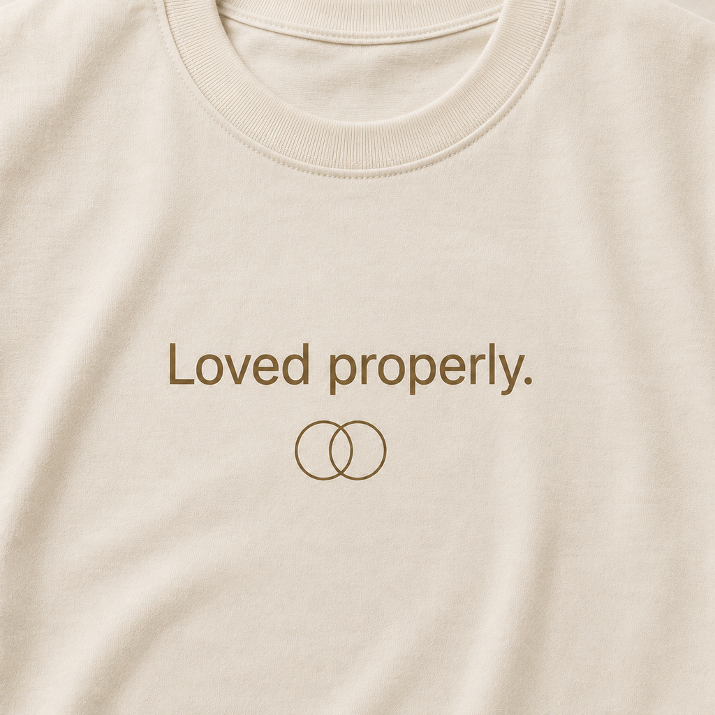 Close-up of a cream-colored t-shirt featuring the brown text 'Loved properly.' and a simple interlocking rings graphic on the chest.