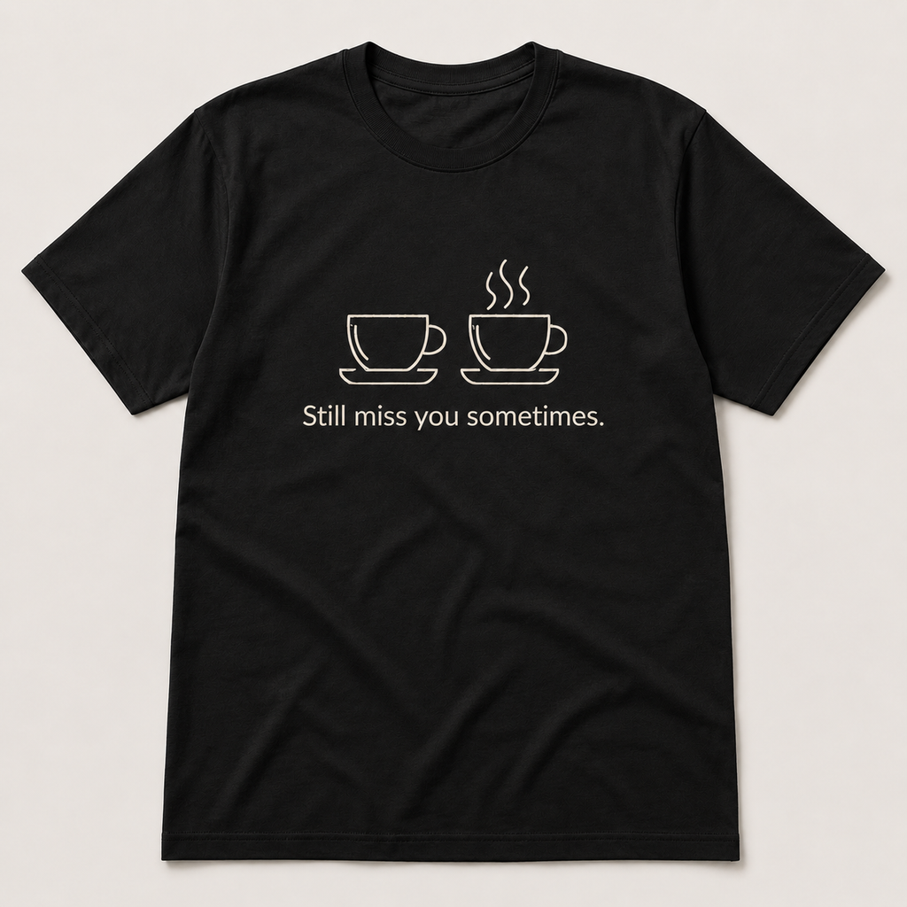 A black short-sleeve crewneck t-shirt with a white graphic of two coffee cups and the text 'Still miss you sometimes.' printed on the chest, displayed flat against a light beige background.